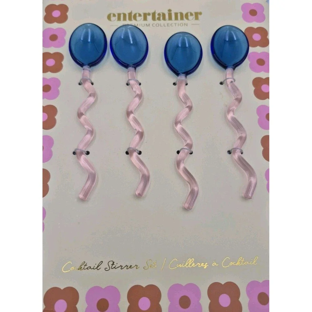 New Cute Glass Pink & Blue Cocktail Stirrers - Set of 4 Entertainer Premium
